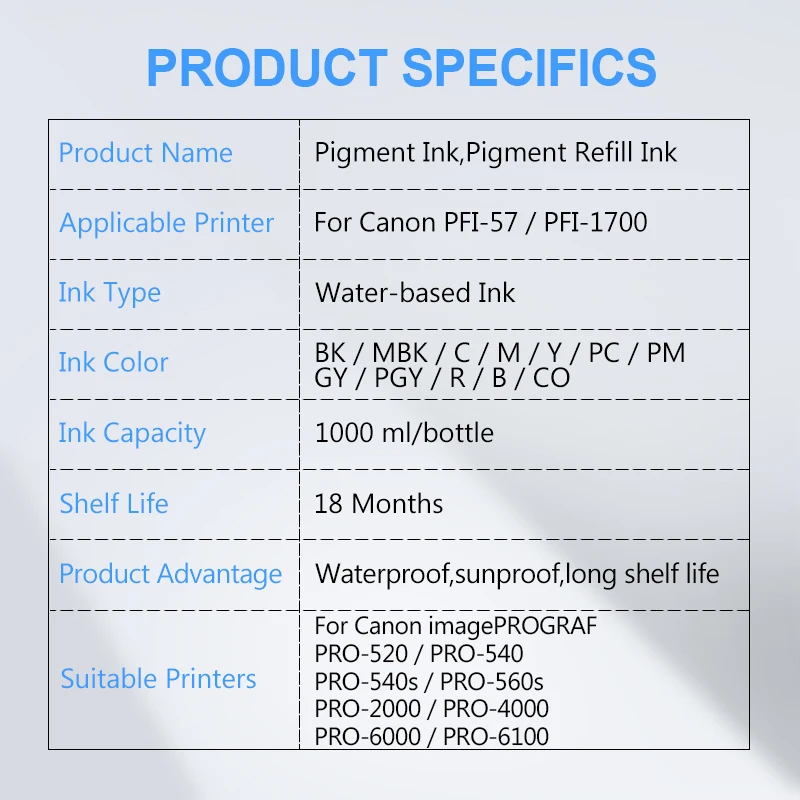 1000 ml/satz Pigment Tinte Für Canon PFI-1700 PFI1700 PFI-57 PRO-520 PRO-540 PRO-540s PRO-560s PRO-2000 PRO-4000 PRO-6000 PRO-6100