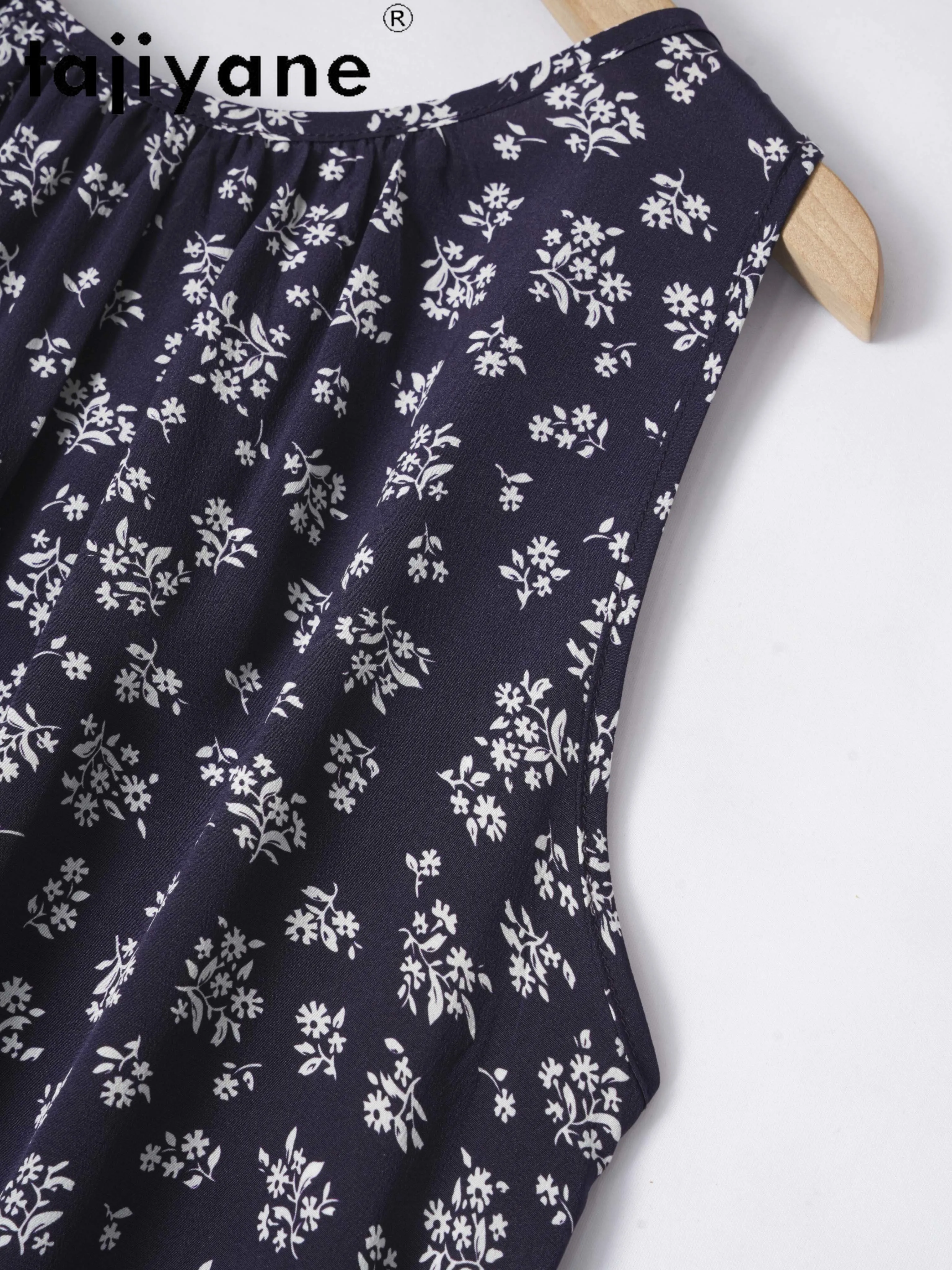 Tajiyane 100% soie de mûrier été nouveau minceur bleu Floral sur le genou soie col rond sans manches femmes robe Ж Dönali Одеж Б