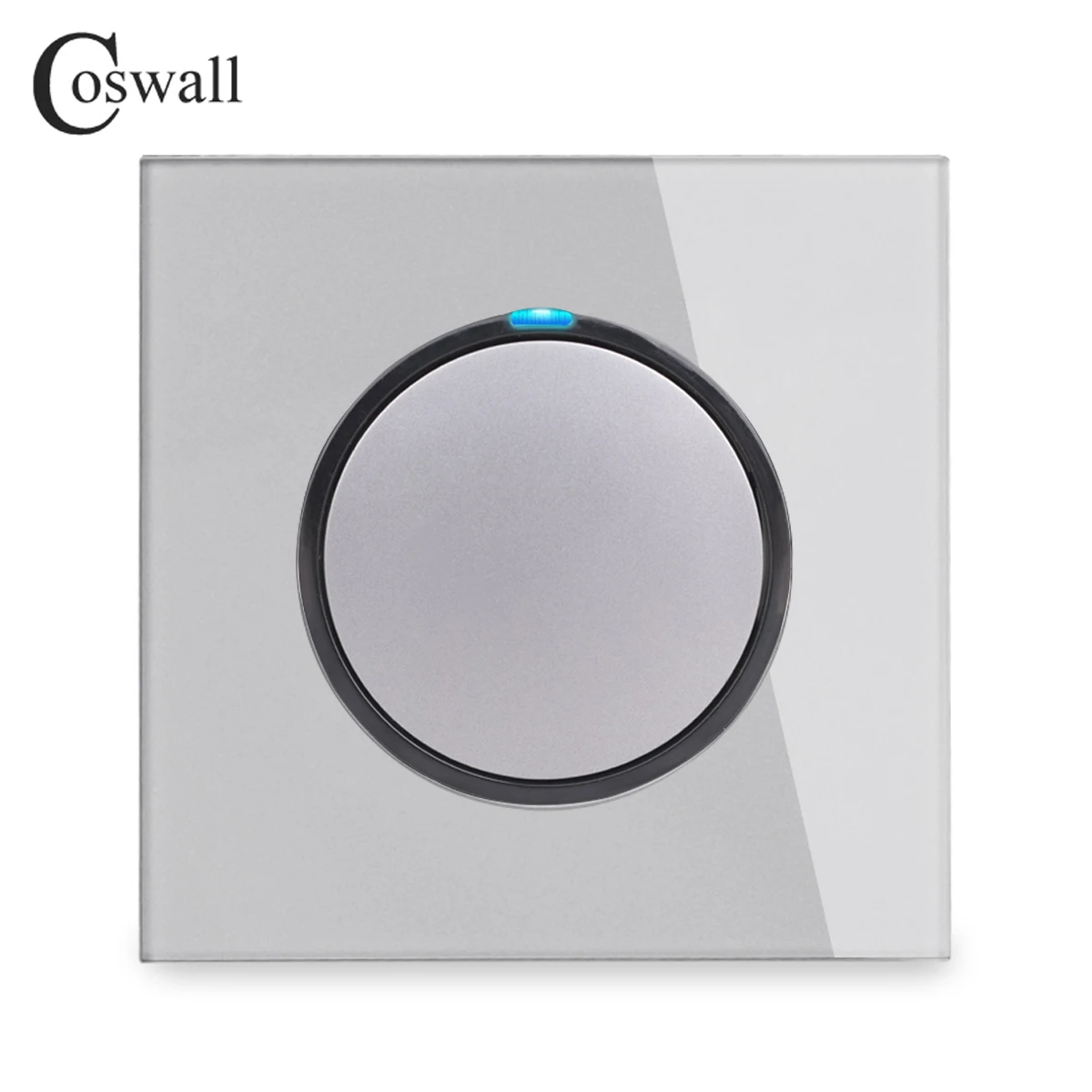 Coswall  1 Gang 1 Way Random Click Push On / Off Wall Light Switch With LED Indicator Tempered Crystal Glass Panel 16A Grey