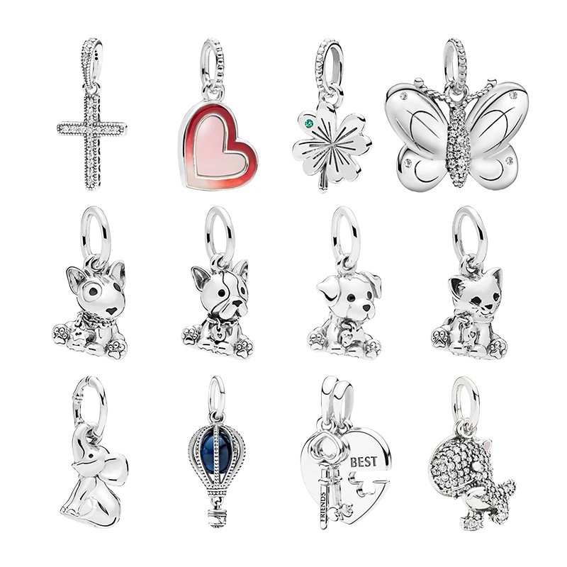 Women Silver 925 Necklaces Pendants Charms Cross Heart Four Leaf Clover Butterfly Dog Cat Elephant Hot Air Balloon Key Dinosaur