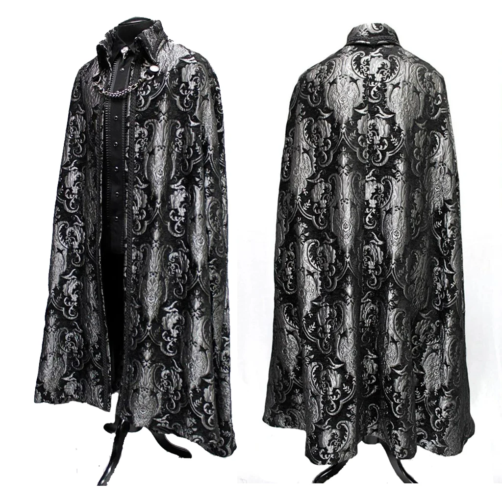 Medieval Gothic Tudor Noble Luxury Cloak Black And Silver Long Cape Winter Long Cape Poncho Gothic King Prince Cape