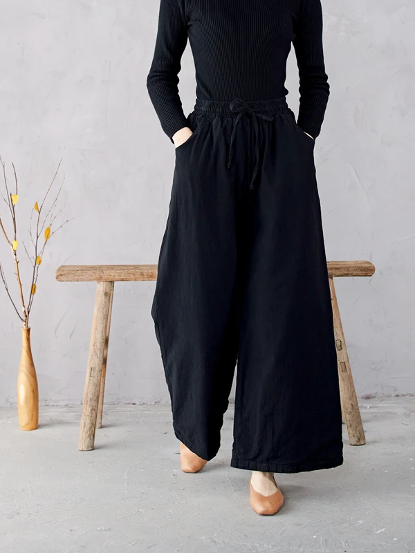 温かい綿麻ストレートレッグパンツ、カジュアルワイドレッグロングパンツ、プラスサイズ女性向け、秋冬、ミッドウエストベルト付き...