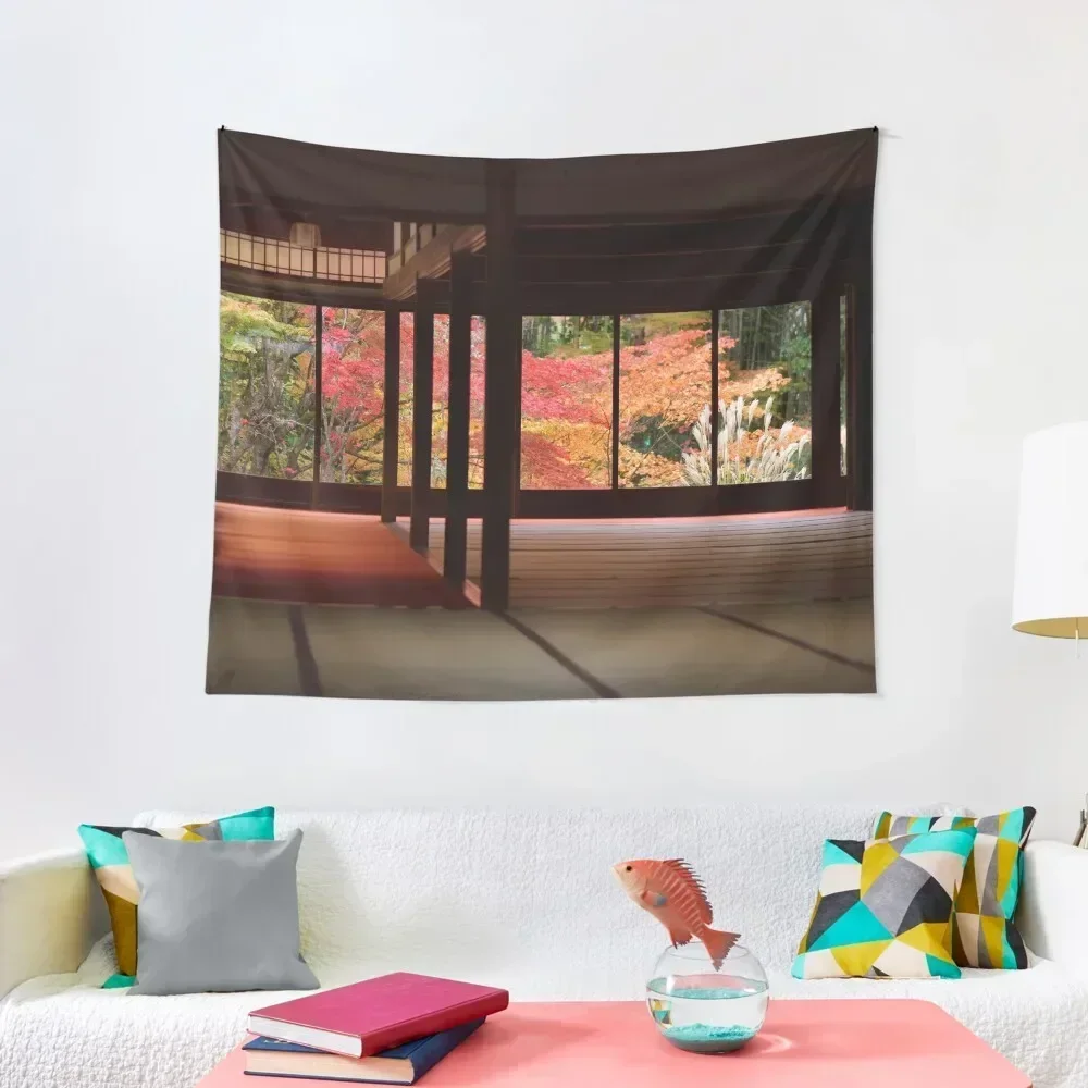 Traditional Japanese temple hall interior with beautiful autumn nature behind the windows of Tenjuan temple in Kyoto ar Tapestry