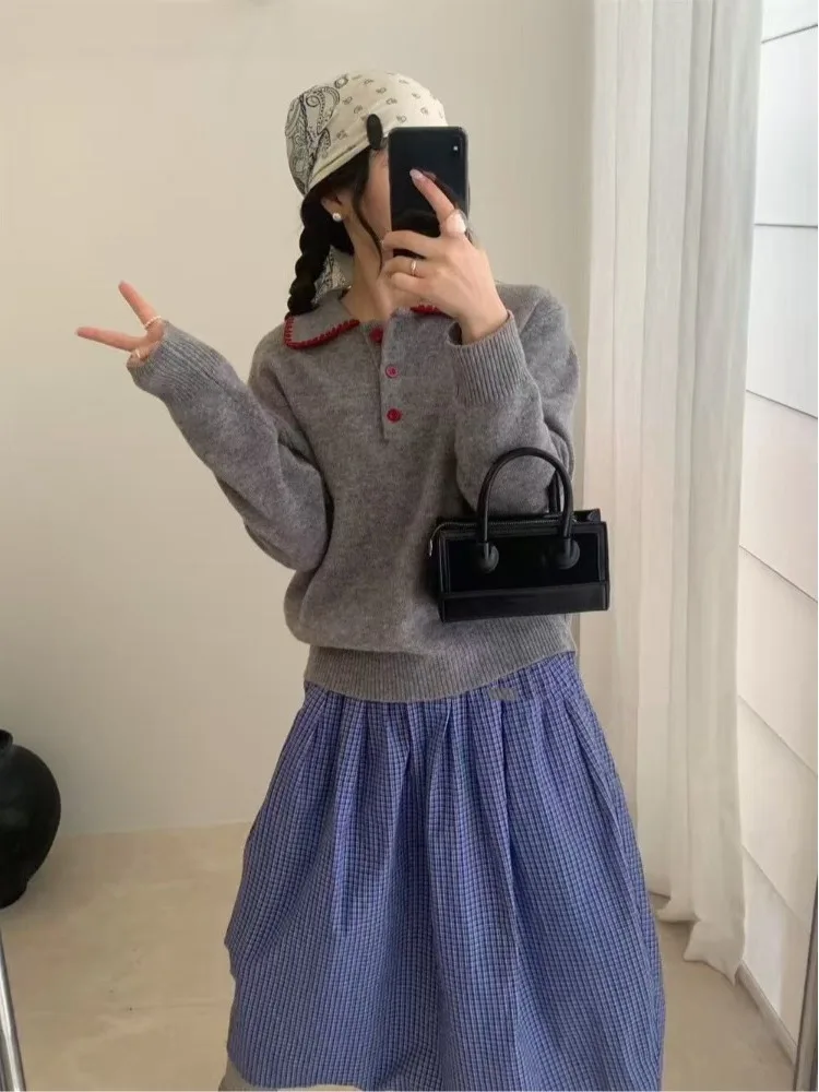 한국 초가을 패션 고급스러운 컬러 블록 인형 칼라 니트 스웨터 여성용 루즈핏 부드러운 신상 2025 슬레 롱 스웨터