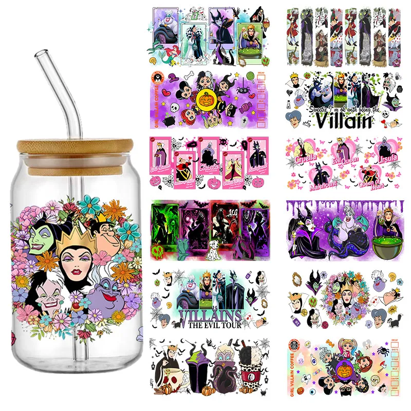 Stiker Disney Villain DTF untuk 16oz 20oz mug kustom UV Halloween stiker Transfer DIY Logo tahan air perekat diri