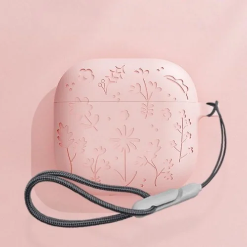 Flor grabada para AirPods 4 Funda protectora de silicona Accesorios de piel con llavero y cordón para funda AirPods 4 (azul claro)