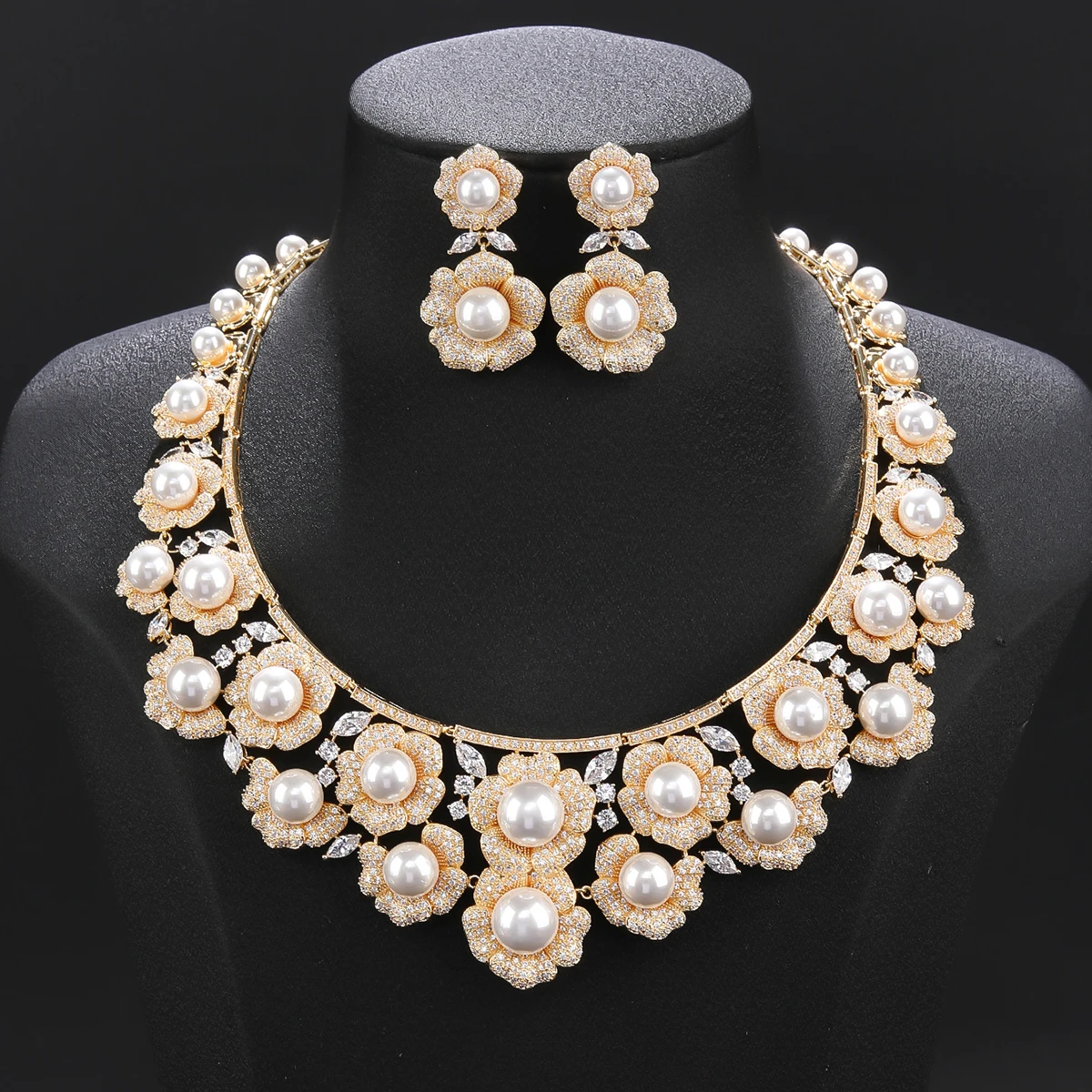 Luxury Flower Necklace High Quality Zircon Pearls Jewelry sets Women Sparkling Dubai Bridal Party Costume Accessories CN11370