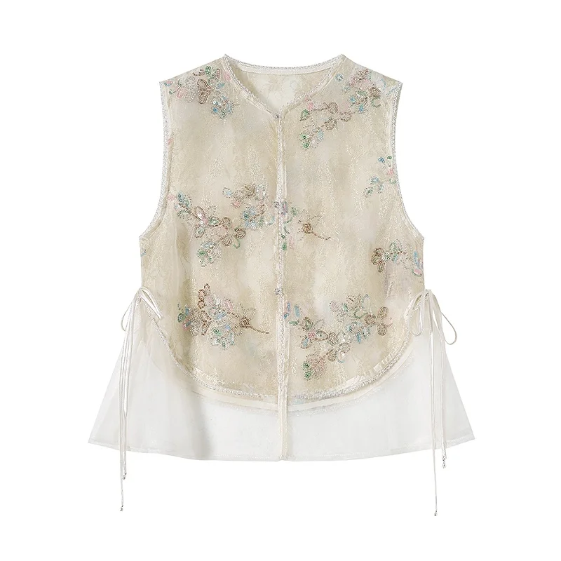 New Chinese Style Heavy Embroidery Sequin Hanfu Vest Sleeveless Top Summer Thin Mesh Sensation Tank Top Yellow/Purple view 5