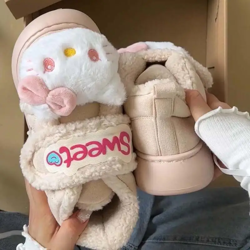 

Anime Hello Kitty Cute Plush Cotton Slippers Girl Thick Sole Slippers Woolen Cotton Shoes Women Snow Boots Winter Cotton Shoes