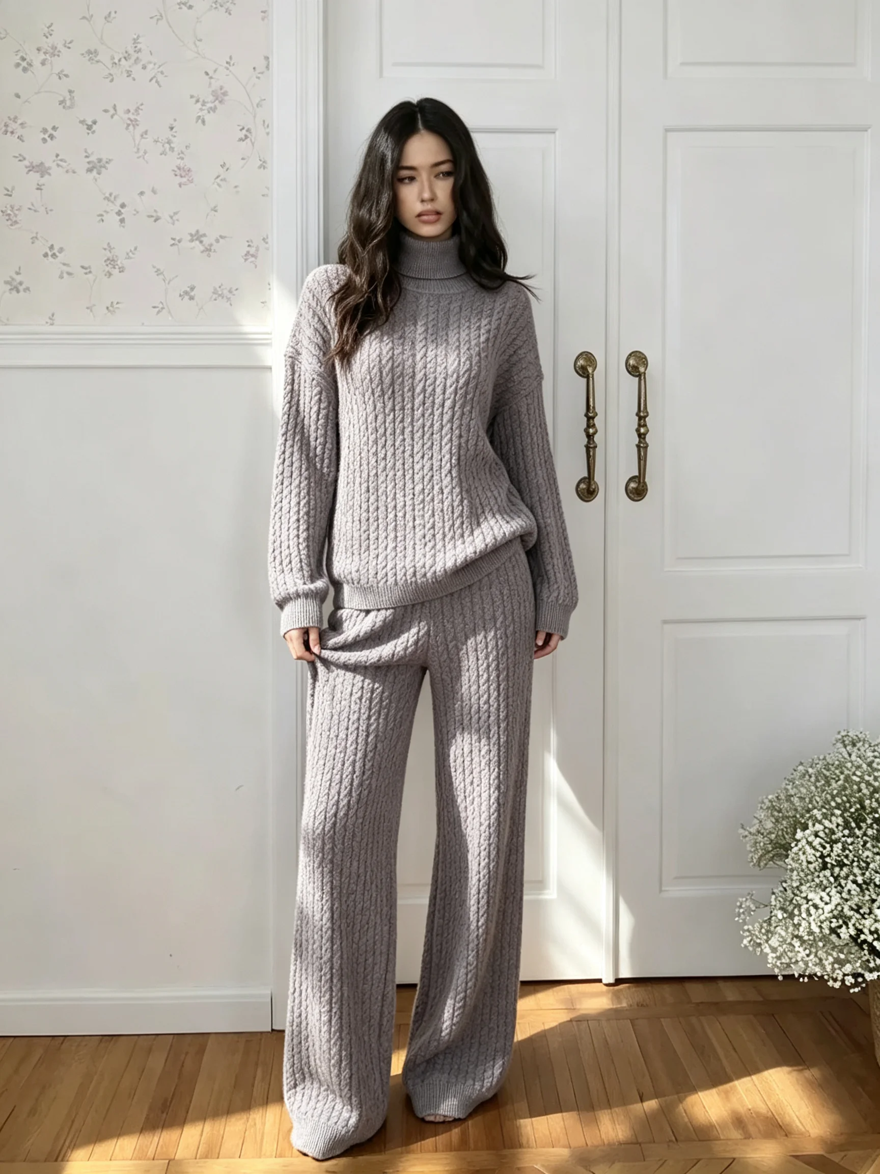 Bornladies Herbst Winter Mode frauen Neue Zopfmuster Pullover Breite Bein Hosen Set Weiche Wolle Mischung Lose Fit High Neck Pullover