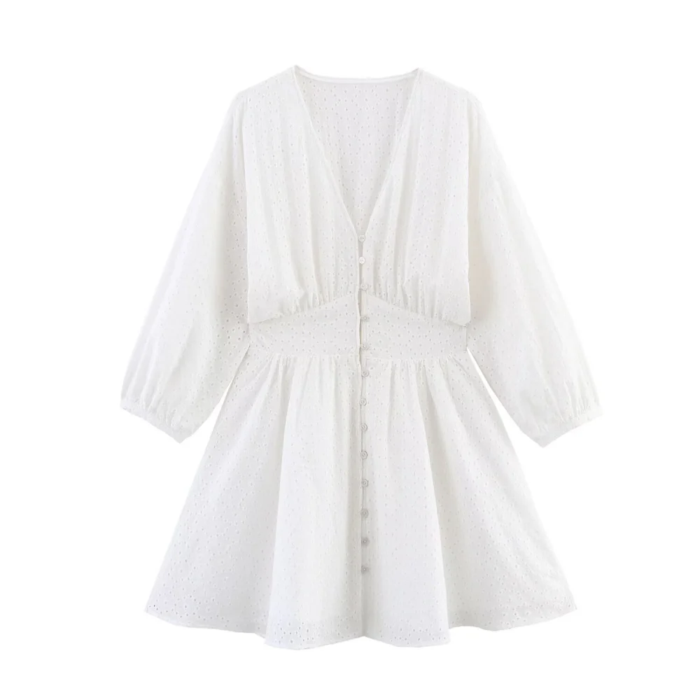 abito corto da donna ampio con scollo a V a maniche lunghe con bottone a fila singola scavato primavera ed estate nuovo stile temp