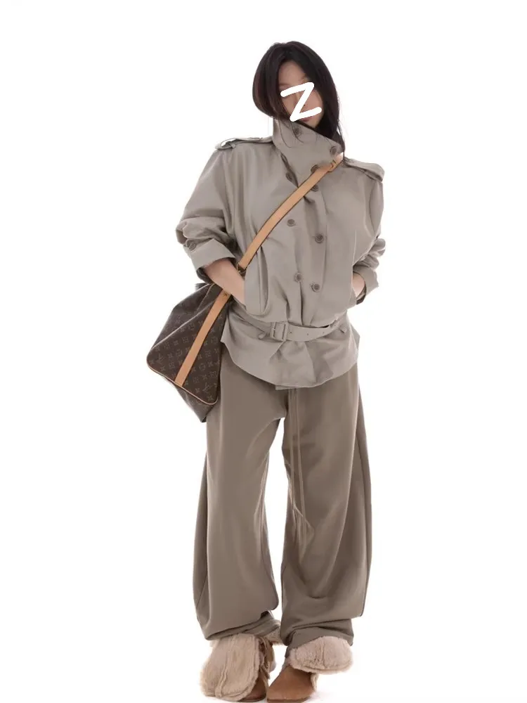 

Retro Korean ey Collar ort Motorcycle Jaet Women's Autumn New Design Sensation Outerwear Windbreaker Top