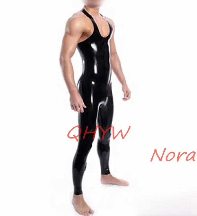 เซ็กซี่ทําด้วยมือปรับแต่ง Men Latex Catsuit ไหล่เครื่องราง Bodysuits ไม่มีซิป