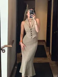 HH Women Solid Vest Skirt Sets Back Lace Single-Breasted Vests Top Side Zipper Slim Midi Skirts Fashion High Street Outfit