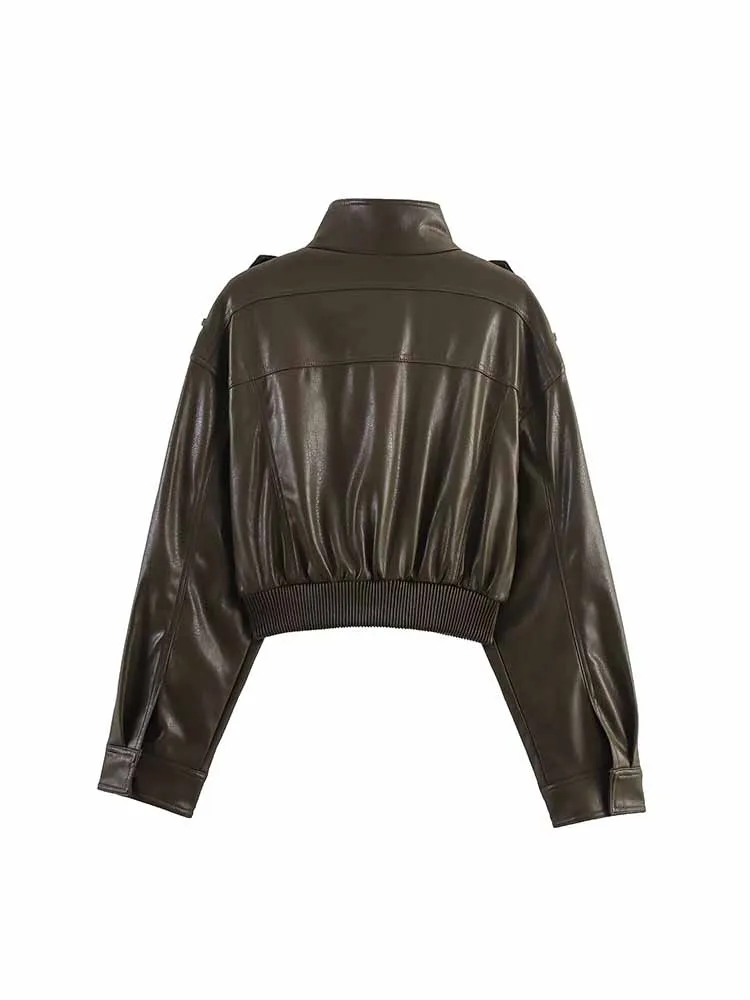 European and American style autumn new fashion women's motorcycle shiny imitation leather stand collar long sleeve jacket short