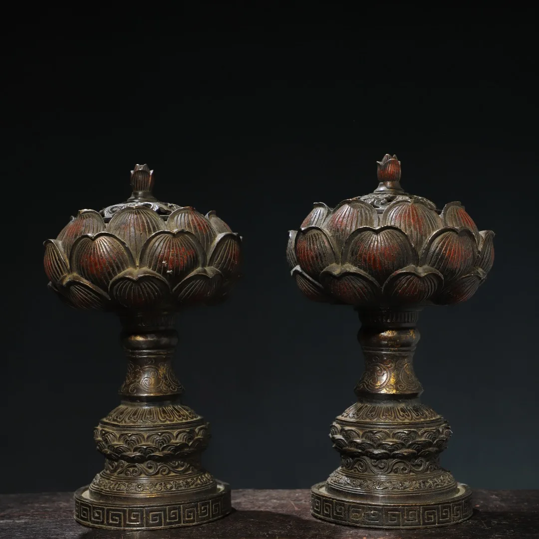 

11"Tibetan Temple Collection Old Bronze Cinnabar Mud gold Lotus Baolian Lamp Oil Lamp A Pair Candlestick Worship Hall Town house