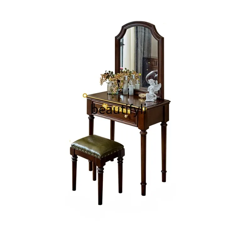 American Pure Solid Wood Small Apartment Bedroom with Mirror Dressing Stool Dressing Table Small Desk 0.8M Writing Desk