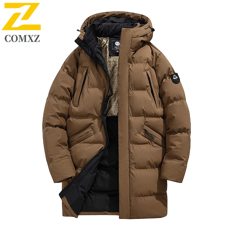COMXZ Winter Luxury Long Jacket Men 2025 New Thick Warm Down Cotton Padded Jacket Man Casual Ski Hunting Cold Proof Hooded Parka