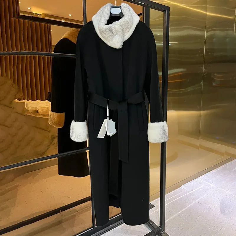 

High quality Camel Cashmere Coat For Women Thick Warm Elegant Black Overcoat fashion Lace-up Patchwork Mink Fur Woolen 926101
