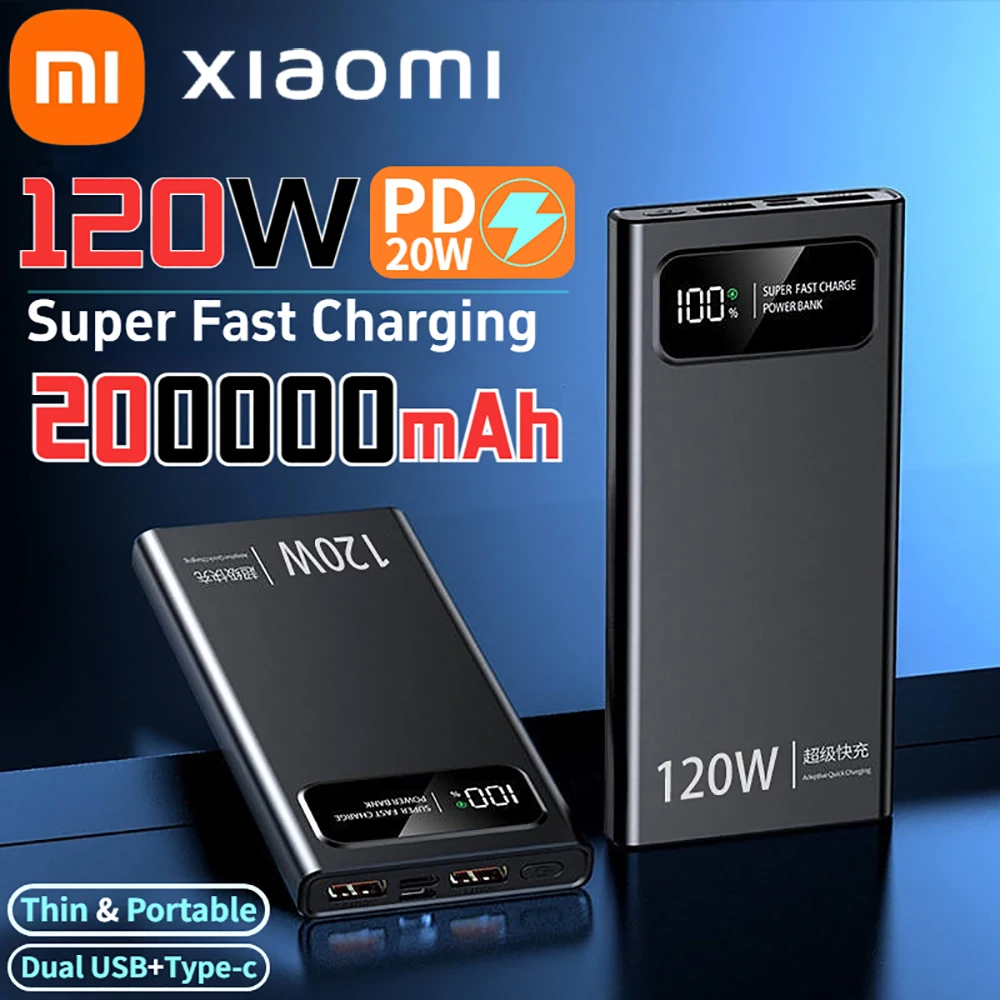 Power Bank z superszybkim ładowaniem Xiaomi 120 W200000mAh Power Bank z cyfrowym wyświetlaczem o bardzo dużej pojemności do zewnętrznej baterii