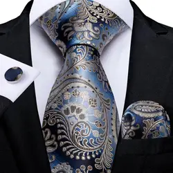 Blue Champagne Paisley Design Silk Wedding Tie For Men Handky Cufflink Gift Mens Necktie Fashion Business Party Dropship Hi-Tie