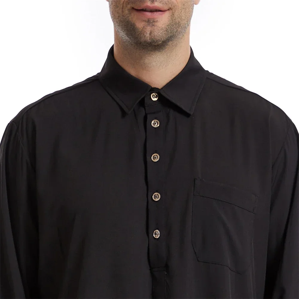 Arabic Men Robe Burrons Collars Pocket Casual Maxi Dress Islamic Muslim Clothing Ramadan Jubba Thobe Dubai Turkey Abaya Abayas