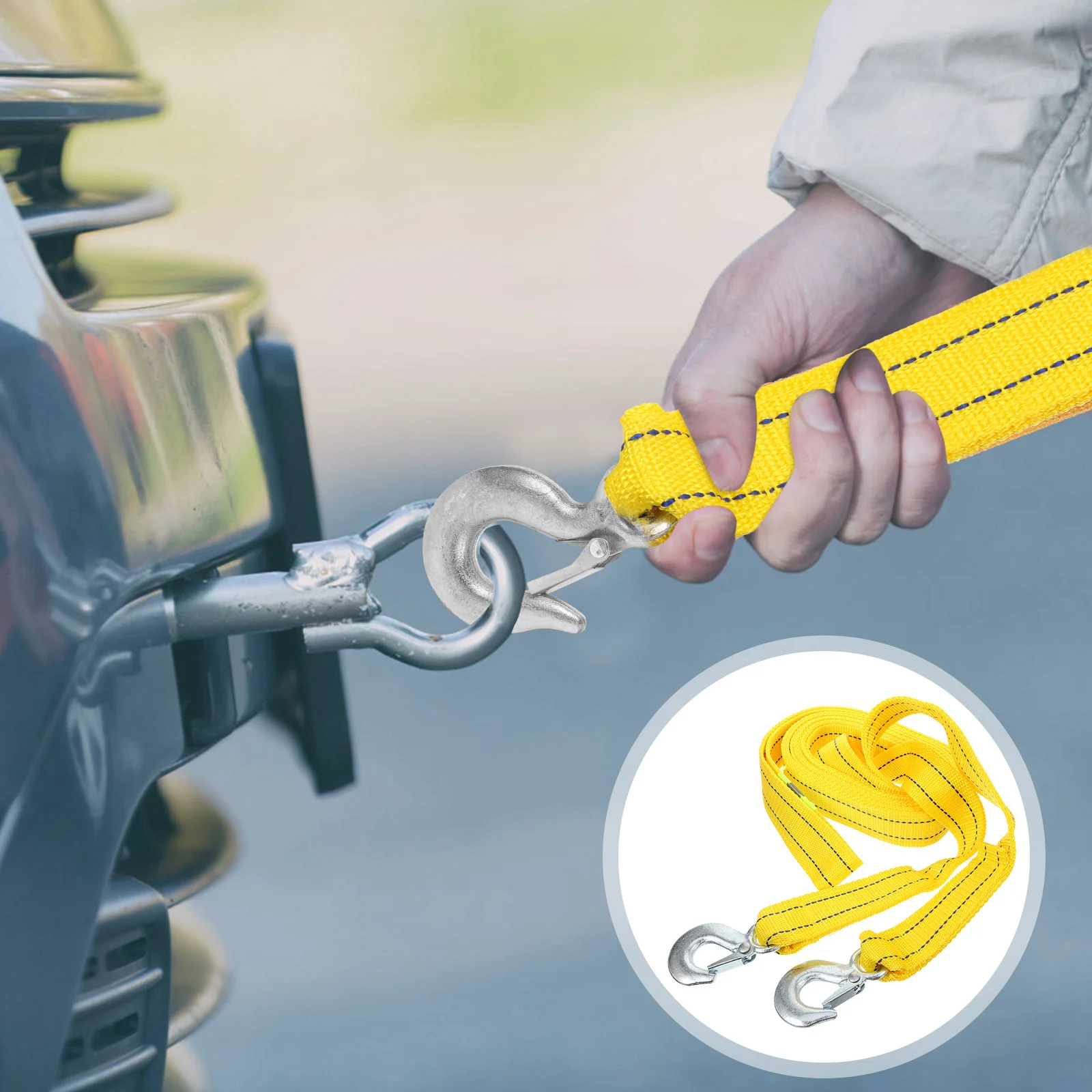 

5m 5 Ton Car Trailer Rope Polyester Double Layers Thicken Tow Rope High Strength Metal Hook Emergency Kit Yellow