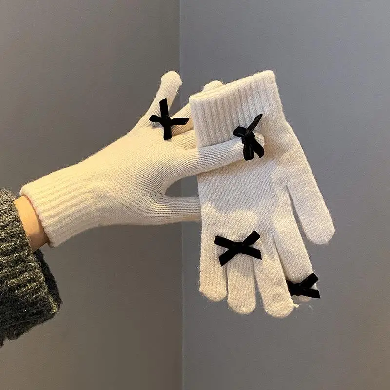 Gants en cachemire à doigts complets avec nœuds décoratifs mignons, mitaines à écran tactile optique, ski, cyclisme en plein air, hiver