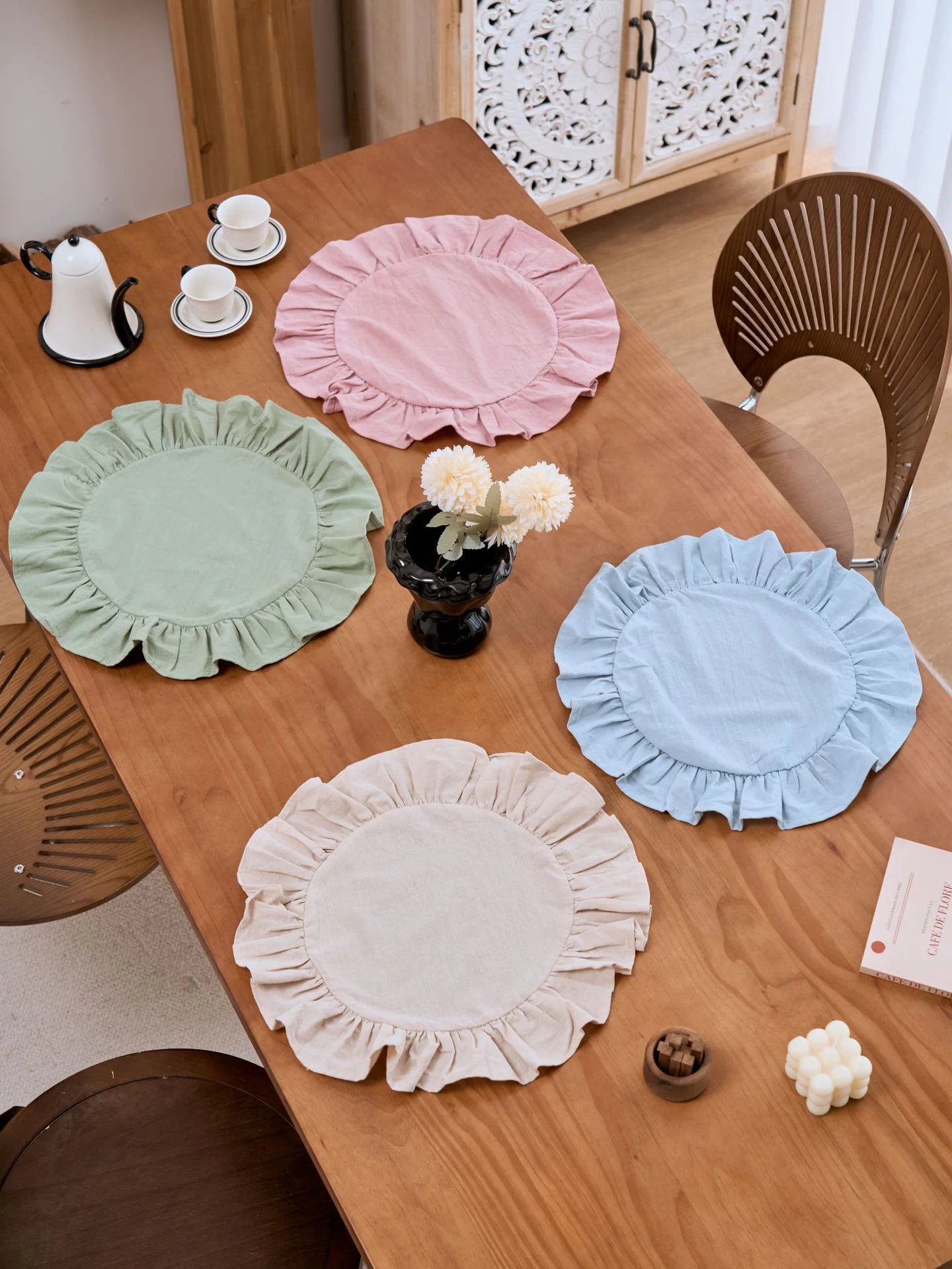 1/2/4/6 PC Pastel Round Dining Placemats, Ruffled Fabric Table Mats For Kitchen, Party & Home Decor