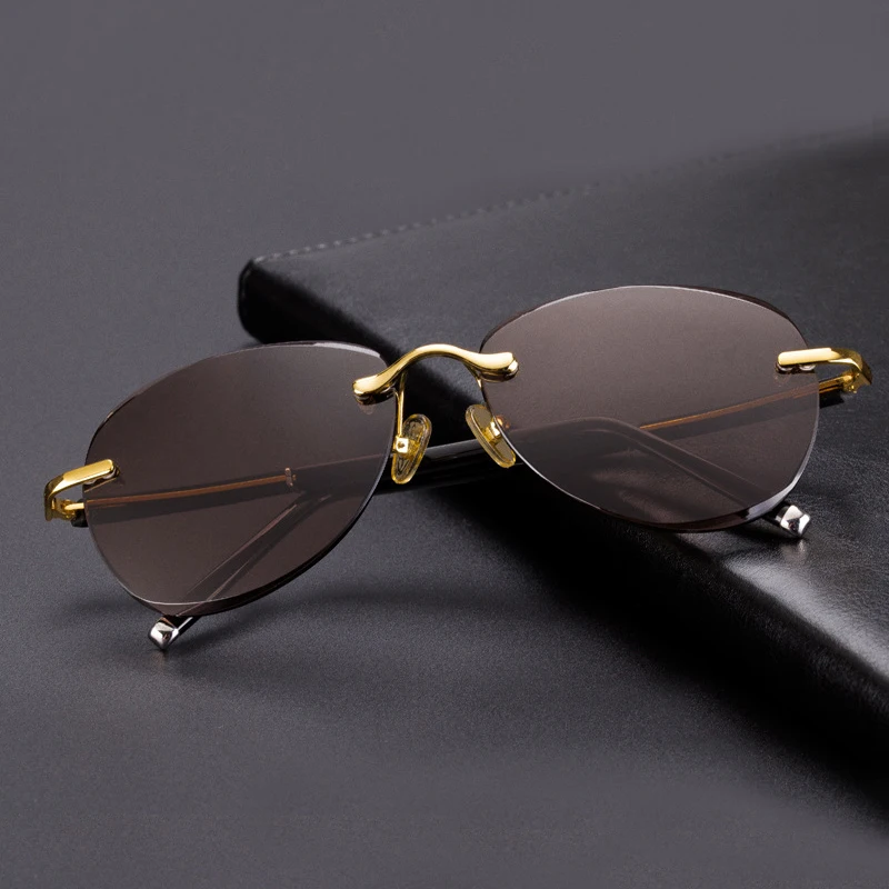 Pilot Sunglasses Natural Crystal Stone Lens Man Rimless Glass Sun Glasses Woman Vintage Anti Scratch Brand Design Top Quality