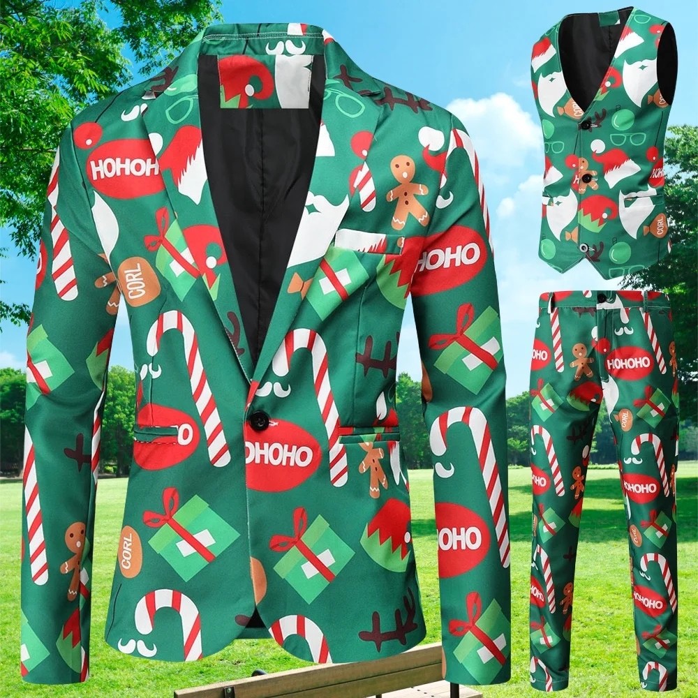 Suit for Men Christmas Day Party Prom Slim Fit 3 Pieces(Blazer+Vest+Pants)Xmas Tree Print Dress Up Male Suits Sets Plus Size 4XL