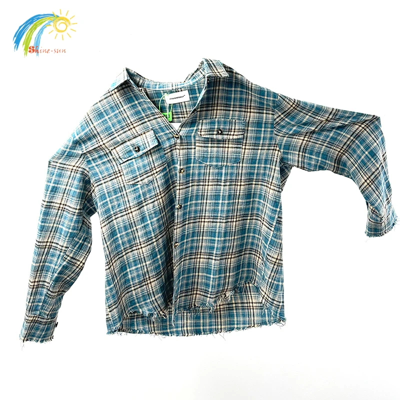 Best Quality Flannel Cotton Plaid Shirt Men Women Couple Casual Vintage Washed Hem Tassels Damage Shirts Oversized Top