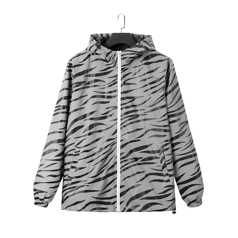 Men\'s Leopard Zebra Reflective Night Shining Hooded Windbreaker Jacket Streetwear Harajuku Hip Hop Waterproof Hoodie Coats Male