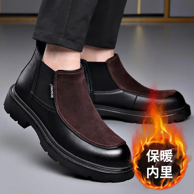 Chelsea Boots for Men with Fleece Insulation and Inner Height Increase One Foot Low Cut Business Retro Short Soled Winter Ankle