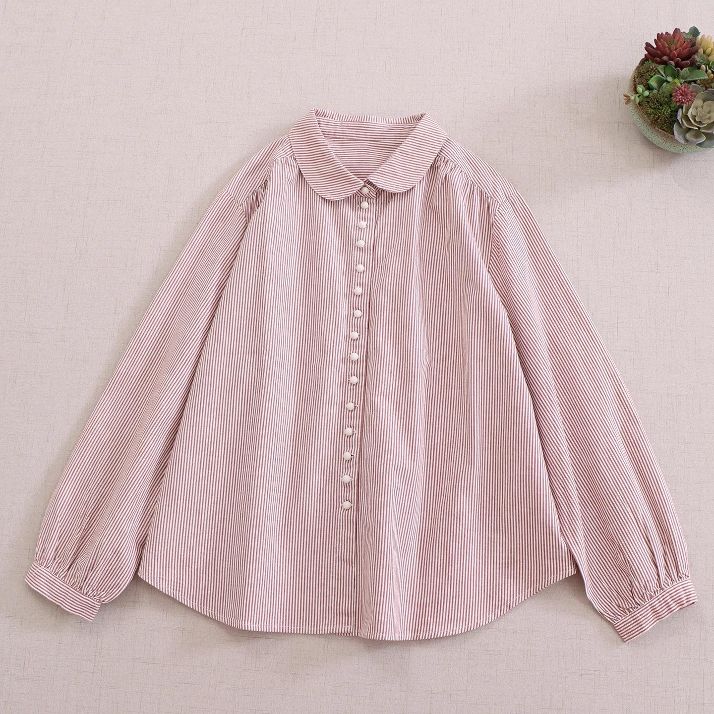 

Japanese Sweet Mori Girl Vintage Plaid 100% Cotton Shirts Women Autumn Cute Peter Pan Collar Long Sleeve Casual Loose Blouse Top