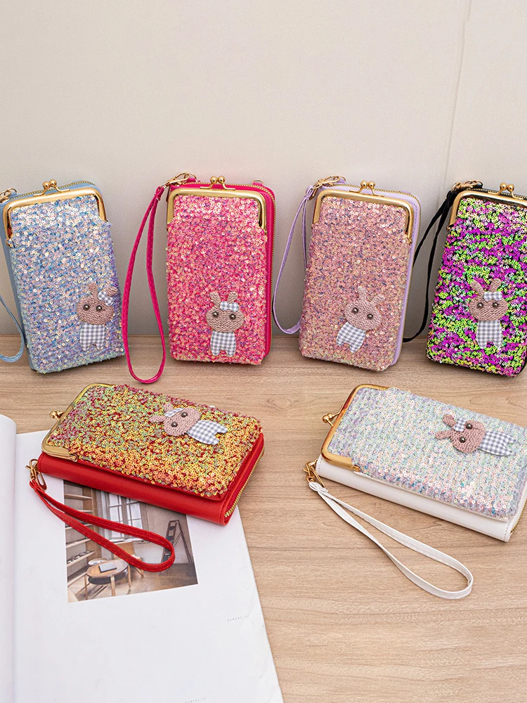 

Women's Cute Cartoon Sequin Decoration Vertical Clip Bag 2024 New Fashion Niche Design Crossbody Mobile Phone Wallet for Girl