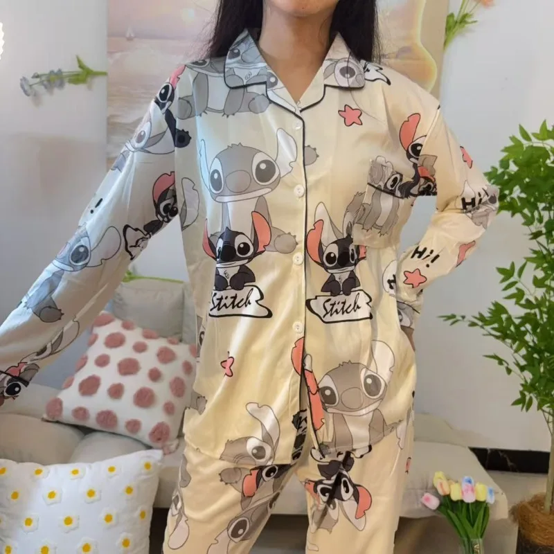 Trend Stitch character long-sleeved pajamas two-piece set - lightweight spring and autumn sleep loungewear can be worn outside