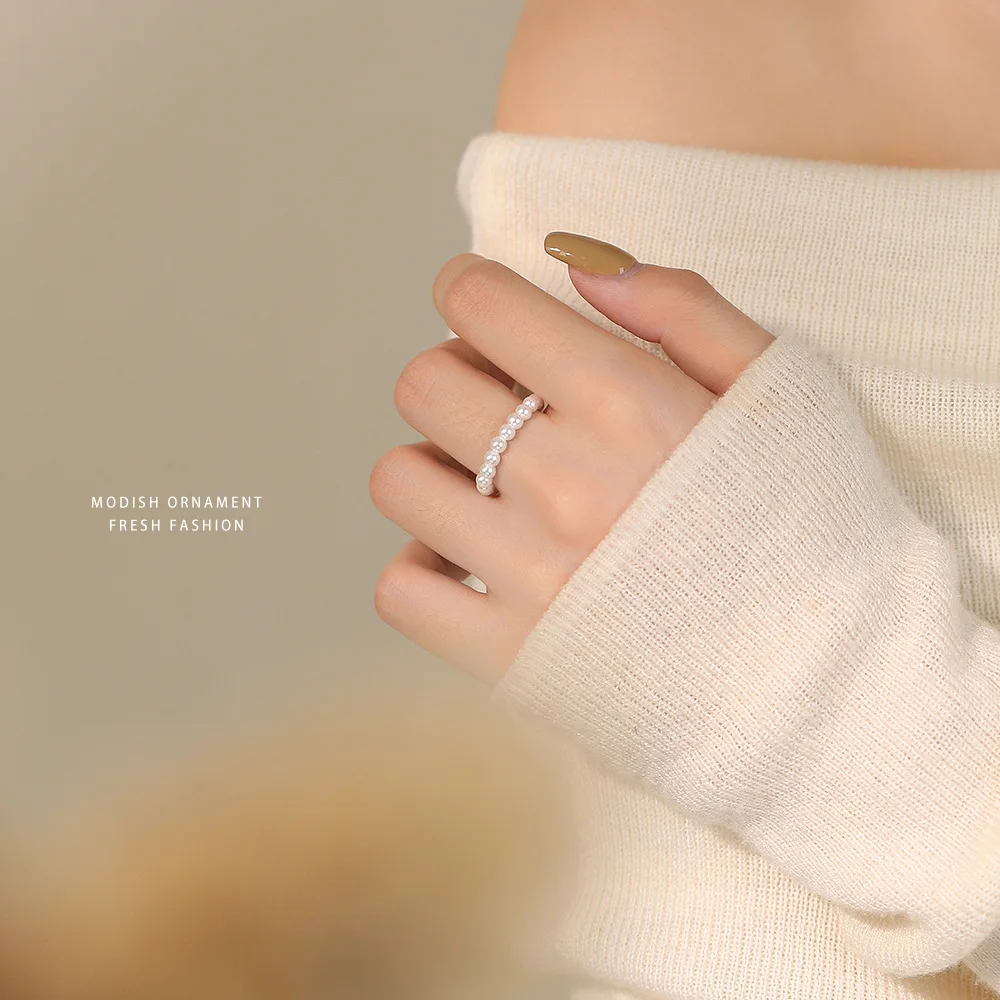 

French Elegant Pearl Elastic Bead Ring Women Minimalist Temperament Jewelry