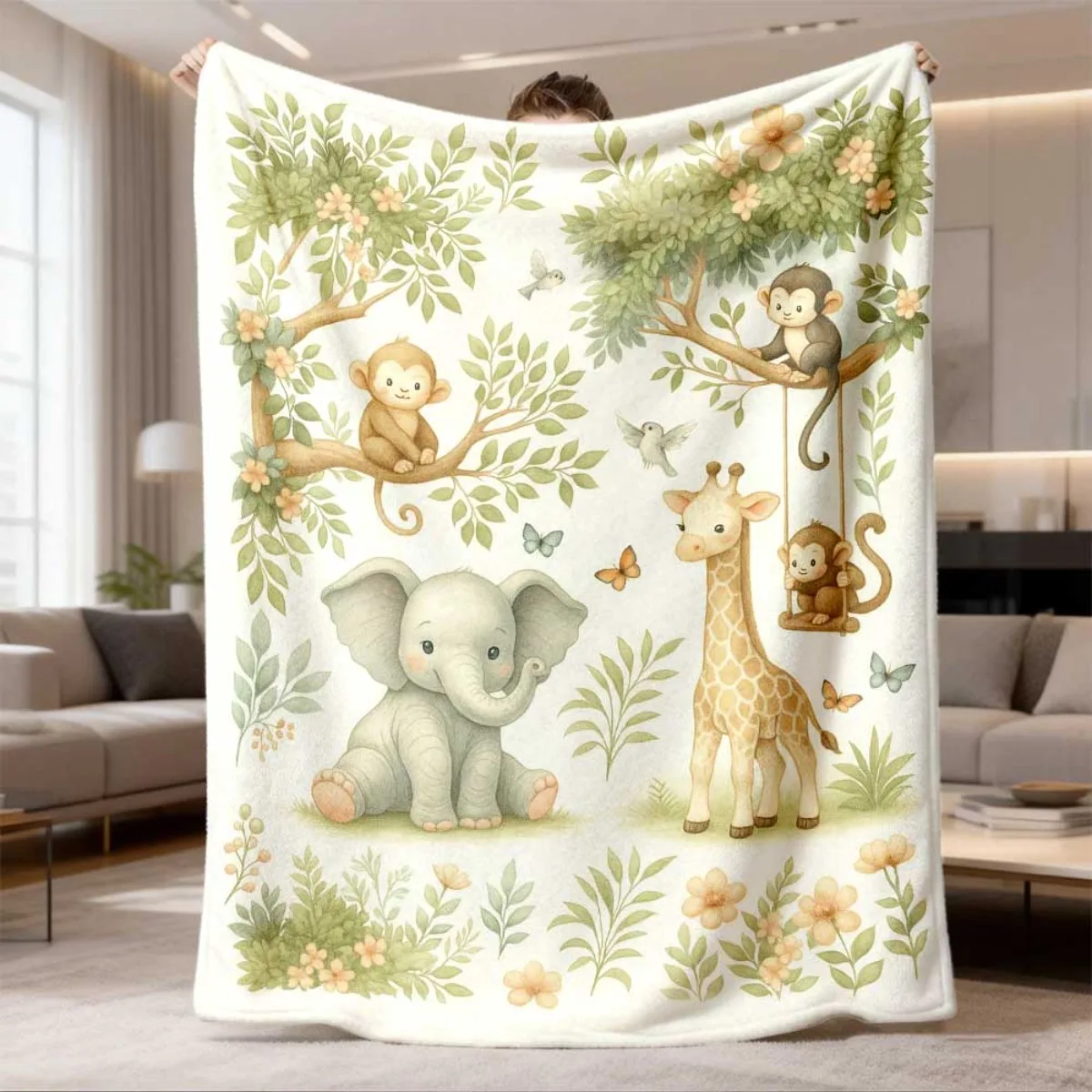 Watercolor Jungle Animal Flannel Throw Blanket, Elephant Giraffe Monkey Print Soft Blanket for Kids Bedroom Sofa Cozy Home Decor