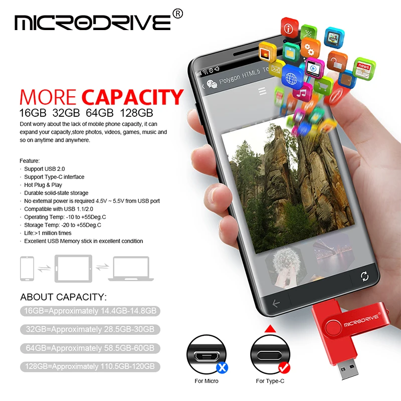 Clé USB en métal haute vitesse, clé USB OTG 2 en 1, clé USB type C, 128 Go, 64 Go, 32 Go, 16 Go, 8 Go, clé USB 2.0 pour smartphone