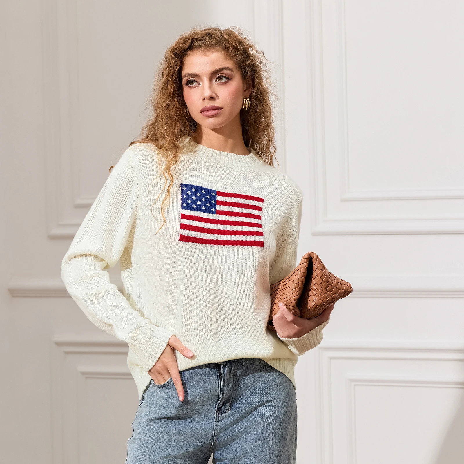 

Women Autumn Winter Flag Sweaters Long Sleeve Crew Neck Loose Fit Knit Pullovers Jumper Tops