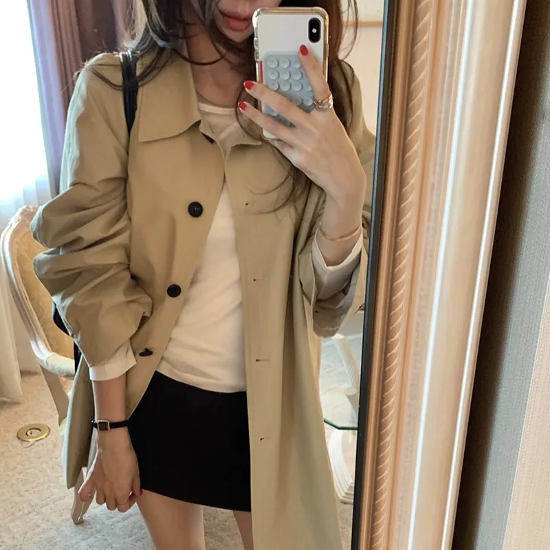Casual Chic Korean Style Women's Long Coat Jacket Turn-down Collar Loose Fit Premium Feeling Small Size Outerwear