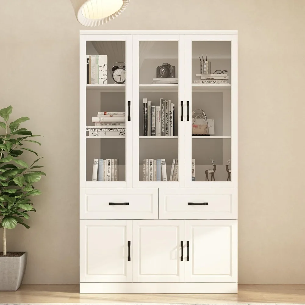 

Bookcase with Storage Shelves, Drawers & 3 Glass Doors, Wooden Display Storage Cabinet with 8 Compartments, Bookshelf