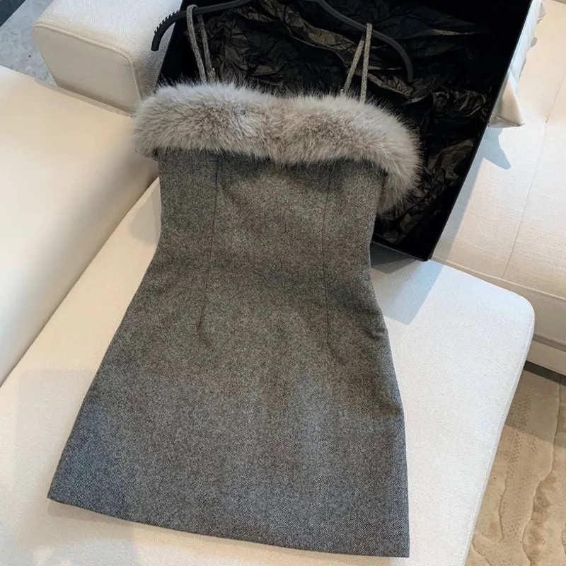 LEOSOXS 여성용 스파게티 스트랩 미니 드레스, 퍼리 칼라 디테일, 2025년 생일 행사 및 패션 모임에 완벽