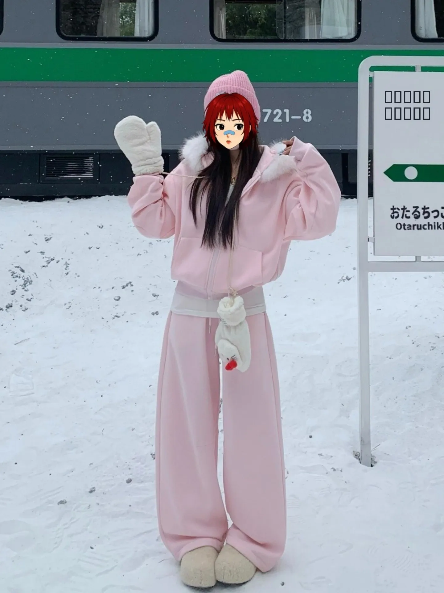 

Pink Hooded Sweatirt Thiened Winter Coat for Couples Korean Sle Loose Fit Anti-Aging Cardigan with Large Fur Collar