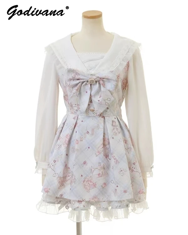 Japanese Style Liz Sweet Long Sleeve Bow Lolita Princess Dress and Shorts Set New Spring and Autumn Sailor Collar Printed Dress