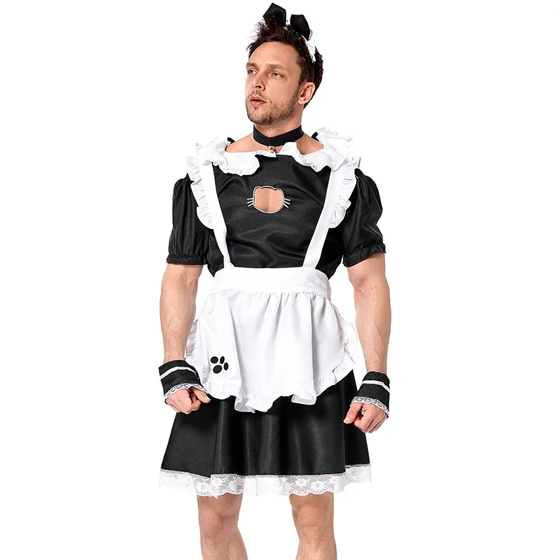 Men\'s Short Sleeve Satin French Maid Uniform Crossdressing Sissy Lingerie Fancy Dress Japanese Anime Cat Maid Outfits for Men