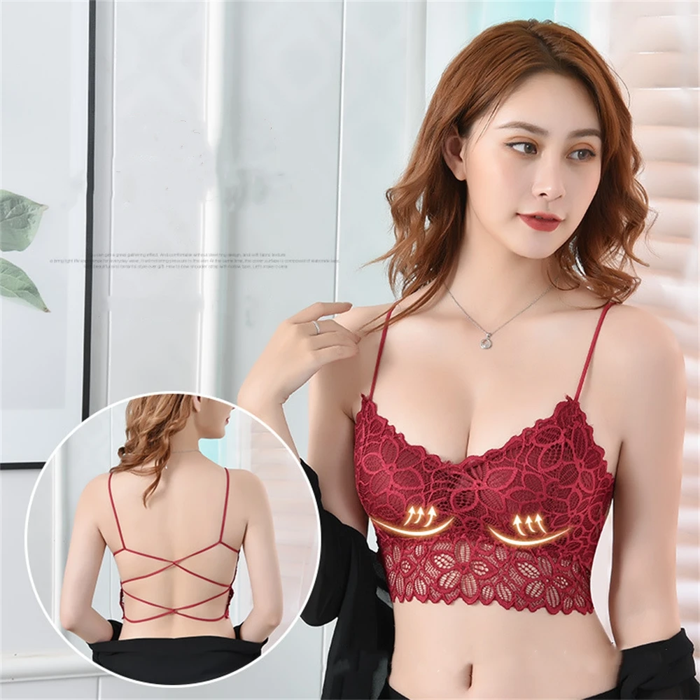 Sexy Women Double Shoulder Strap Lace Bra Detachable Coaster Suspender Beautifying Back Bra Breast Wrapping Anti Glare Tank Top