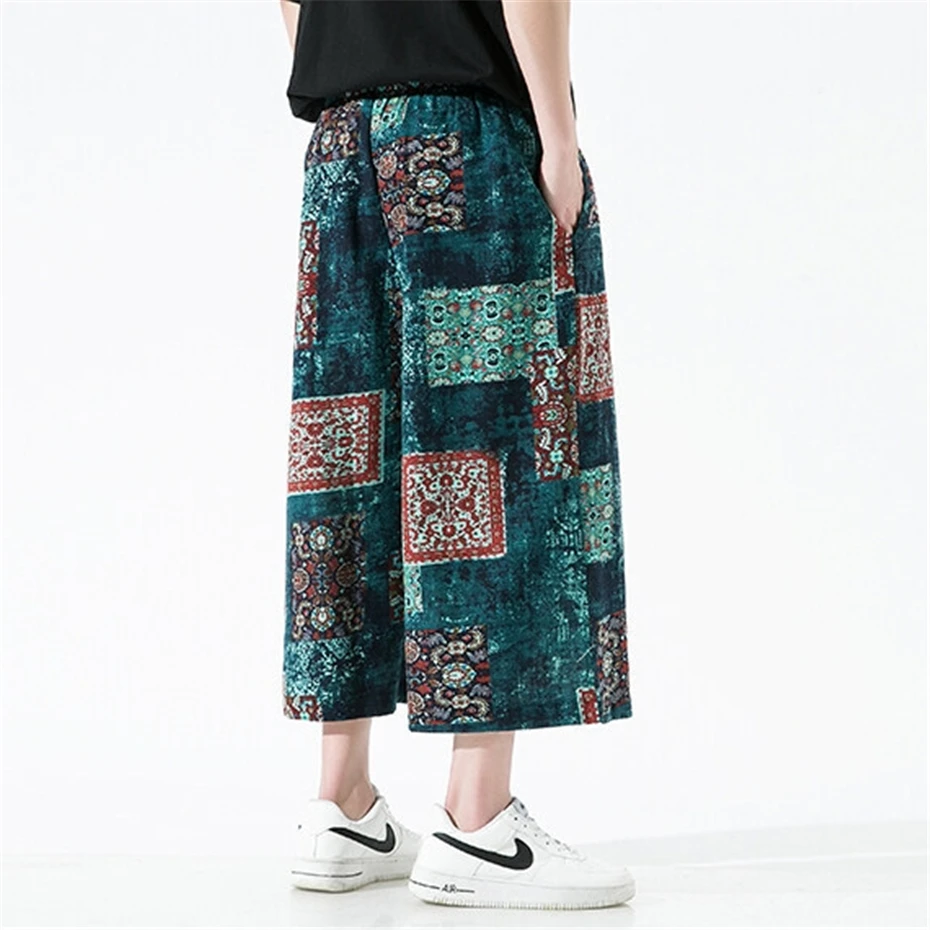 Large Size Mens Wide-leg Pant Vintage Print Ankle Length Pants Men 2025 Summer New Harajuku Baggy Linen Casual Trousers Male