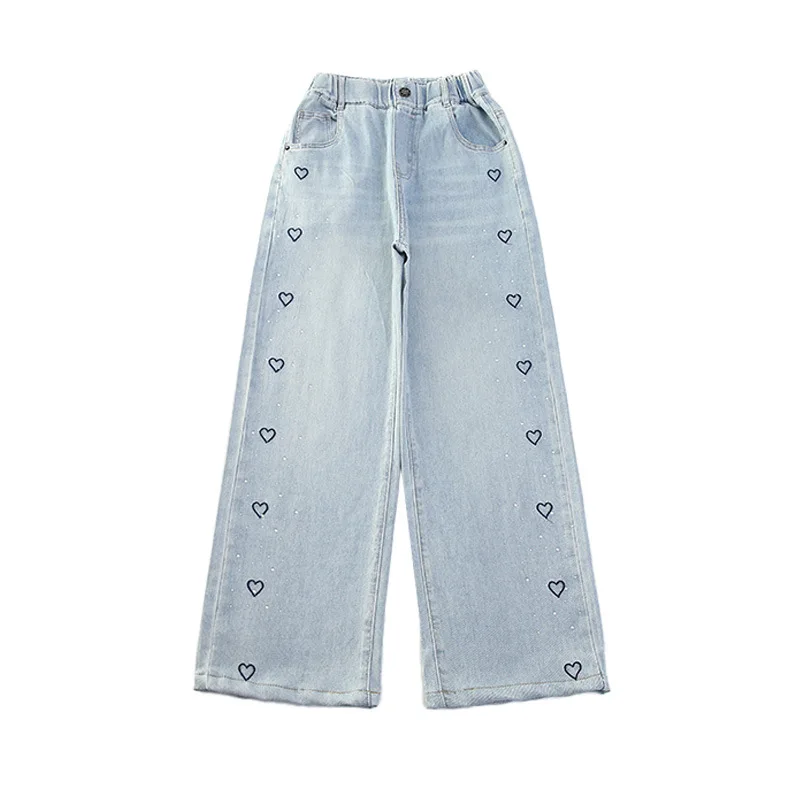 Girls' Summer Fashion Jeans New Korean Edition Western Kids Peach Heart Rhinestone Wide Leg Pants 120-170cm